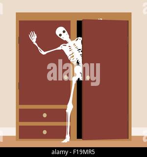 EPS8 editable vector concept illustration of a skeleton waving from a cupboard or closet Stock Vector