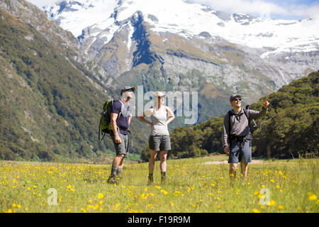 New Zealand, South Island, Mt Aspiring National Park, Siberia, group hiking in mountains with yellow valley floor flowers. Stock Photo