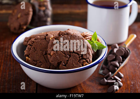 Vegan chocolate pecan cookies in a bowl
