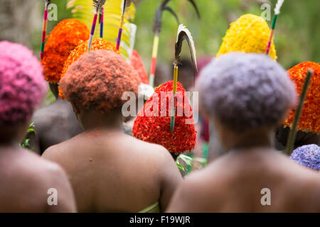 Melanesia, Vanuatu, Lo Island, close up of local women with coloured hair and hats. Stock Photo