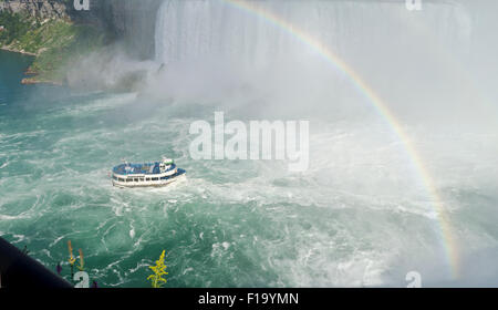 Maid of the Mist boat cruise nears the Horseshoe Falls in Niagara Falls.  View from Canadian side.  Rainbow in the mist. Stock Photo