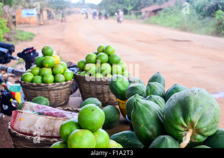 Fruits, oranges and papayas sold on the roadside in Benin Stock Photo