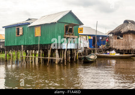 MTN shop Ganvié, the 'Venice of Africa', village of stilt houses on a lake near Cotonou in Benin Stock Photo