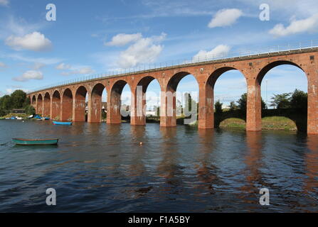 Brick viaduct reflected in Montrose Basin Scotland  August 2015 Stock Photo