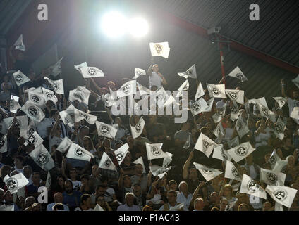 Udine, Italy. 30th August, 2015. General view of the new Friuli Stadium during the Italian Serie A TIM football match between Udinese and Palermo at Friuli Stadium on 30th August 2015. The new stadium has no more barriers between the fans and the field. photo Simone Ferraro / Alamy Live News Stock Photo