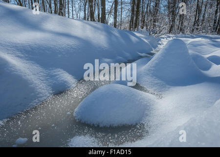 Snow Covered Rocks In Frozen Stream Stock Photo