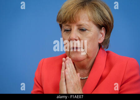 Berlin, Germany. 31st Aug, 2015. German Chancellor Angela Merkel attends the annual summer press conference in Berlin, Germany, on Aug. 31, 2015. Credit:  Zhang Fan/Xinhua/Alamy Live News Stock Photo