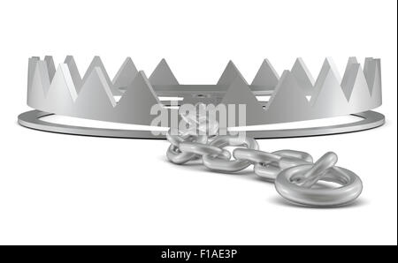 Bear trap with chain on white, rear view Stock Photo