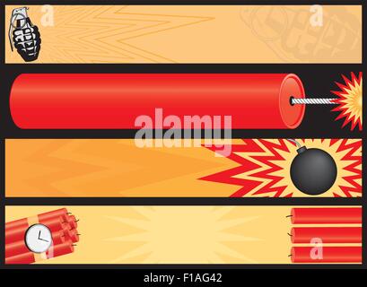 Web banners that go boom! Including a grenade, bomb, time bomb and firecracker. Stock Vector