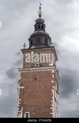 Upper part of the Town Hall Tower, Krakow, Poland, Known as Krakow's 'leaning tower' as leans slightly Stock Photo