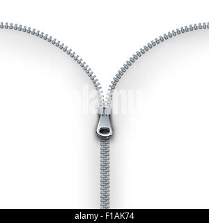 Zipper concept as an open interlocking metal fastener on clothing or garment textile as a symbol for revealing a message or discovery isolated on a white blank background. Stock Photo