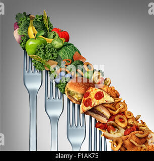 Diet relapse change as a healthy lifestyle slowly goes downward to greasy unhealthy fast food concept as a dieting quality decline symbol of returning to bad eating habits as a group of descending forks with meal items on them. Stock Photo