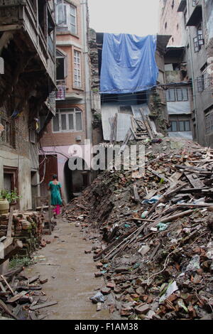 Fallen house in central Kathmandu 3 months after the earthquake in April 2015 Stock Photo