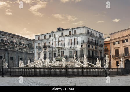 Piazza Pretoria with fountain with sculptures Fontana Pretoria. Palermo, Sicily, Italy Stock Photo