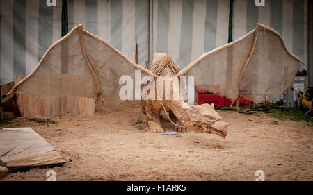 Cheshire, UK. 31st Aug, 2015. Simon O'Rourke's carving of a Dragon at The 11th English Open Chainsaw Carving Competition held at the Cheshire Game and Country Show at the Cheshire County Showground Credit:  John Hopkins/Alamy Live News Stock Photo