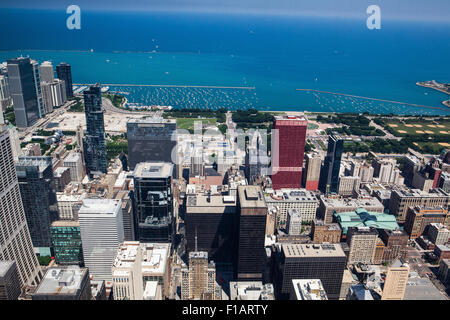 Chicago skyline panorama aerial view with skyscrapers over Michigan Lake Stock Photo