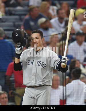 Atlanta, Georgia, USA. 28th Aug, 2015. Masahiro Tanaka (Yankees) MLB : Masahiro Tanaka of the New York Yankees reacts in his first at-bat in the second inning during the Major League Baseball Interleague game against the Atlanta Braves at Turner Field in Atlanta, Georgia, United States . © AFLO/Alamy Live News Stock Photo