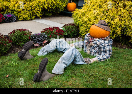 Halloween autumn garden display of a pumpkin head man sitting in a garden bed in Vermont, USA, Fall New England fall colours gardening humor American Stock Photo