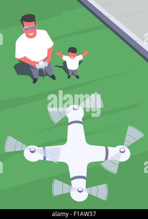 Father and son standing on the lawn and flying a quadcopter drone using remote control. Outdoor scene. Retro style illustration. Stock Vector