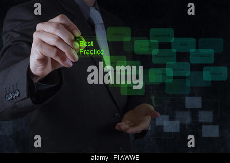 businessman hand draws best practice word on virtual screen as concept Stock Photo