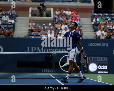 New York, USA. 31st Aug, 2015. Number one seed Novak Djokovic reacts to a shot during  first round action against Joao Souza of Brazil on Monday, August 31st, at the U.S. Open in Flushing Meadows, Credit:  Adam Stoltman/Alamy Live News Stock Photo