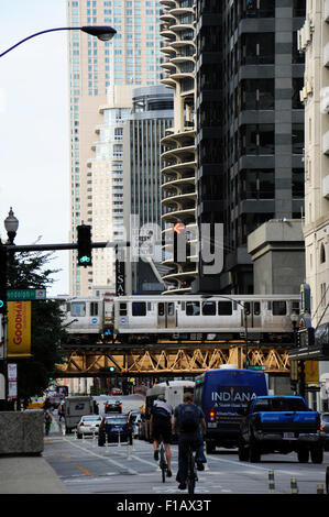 The CTA 'El Train' elevated subway train traveling down Wabash Avenue in Chicago, Illinois Stock Photo