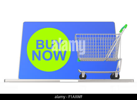 buy now on laptop computer with cart as concept Stock Photo