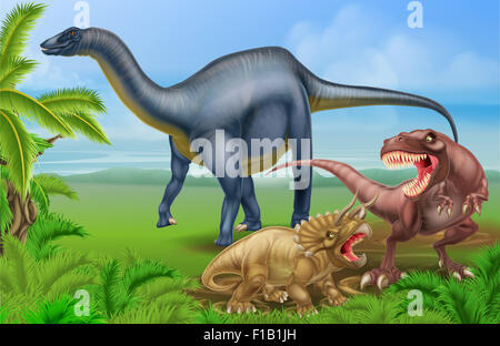 A tyrannosaurus Rex or T Rex and triceratops dinosaur in combat with a Diplodocus in the background dinosaur scene Stock Photo
