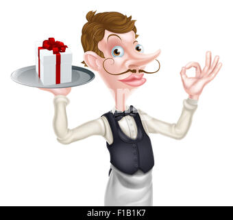 An illustration of a cartoon waiter doing a perfect or okay sign and holding a tray with a gift on it Stock Photo