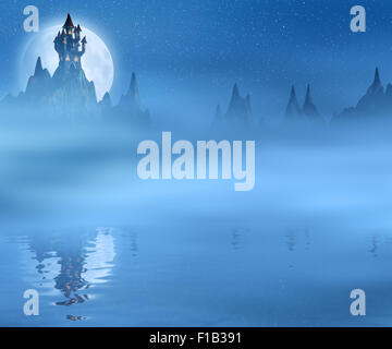 Spooky and dark castle and the moon reflected in water. Stock Photo