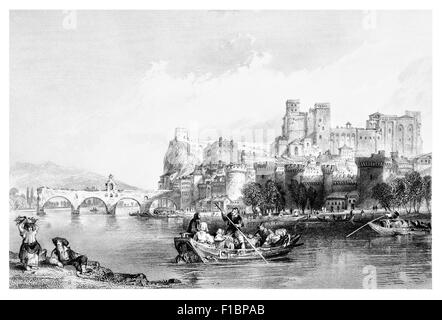 Avignon River Rhone ferry rowing boat  crossing landscape castle Pont st Benezet Palais des Papes Vaucluse Stock Photo