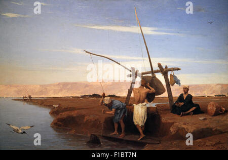 Le chadouf système d'irrigation en Haute-Egypte 1874.Louis Hippolyte Mouchot 1846-1893.The Shadouf,Irrigation System in Upper Egypt by the Nile River. Stock Photo