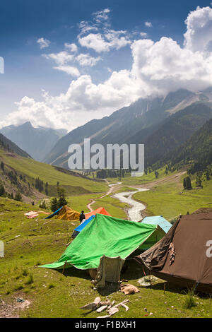 India, Jammu & Kashmir, Srinagar to Leh Highway, Sonamarg, Gujjar nomadic shepherd camp in alpine valley Stock Photo