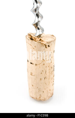 Wine cork with corkscrew isolated on white Stock Photo