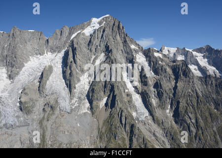 AERIAL VIEW. The Grandes Jorasses viewed from the east (elevation: 4208 meters at Pointe Walker). Val Ferret, Courmayeur, Aosta Valley, Italy. Stock Photo