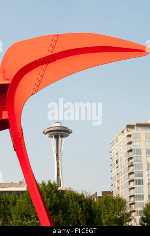 Detail of The Eagle sculpture of 1971 by Alexander Calder.  In Seattle Olympic Sculpture Park with Space Needle in background. Stock Photo