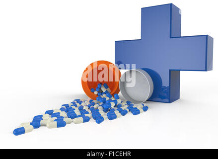 Pills spilling out of pill bottle isolated on white. Stock Photo