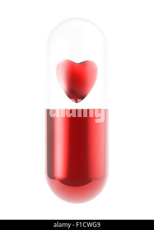red heart pill inside capsule on white Stock Photo