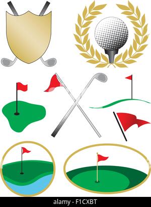 Eight Color Golf Icons including a golf ball, shield, clubs and flags Stock Vector