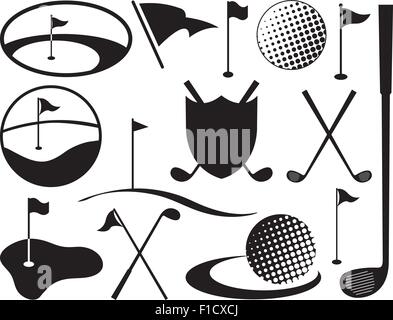 Black and White Golf Icons including golf balls and flags Stock Vector