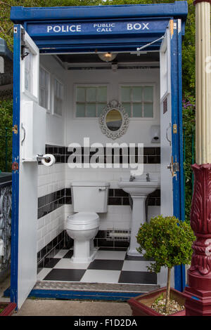 The Warmley's Waiting Room Cafe have come up with an innovative solution for their toilet by using a Doctor Who “Tardis” Stock Photo