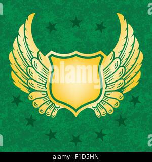 Gold shield on green grunge background Stock Vector