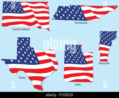 South Dakota, Tennessee, Texas, Utah and Vermont outlines with flags, each individually grouped Stock Vector