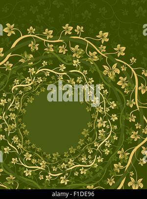 Shades of yellow and green ornate floral vines in circles Stock Vector