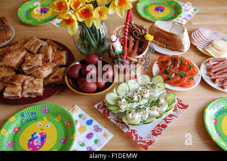 Traditional Polish Easter Sunday breakfast laid out on a wooden table Stock Photo
