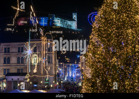Decorated Ljubljana for New Years holidays, panoramaPanorama of St. Francis church and Preseren square, decorated for Christmas Stock Photo