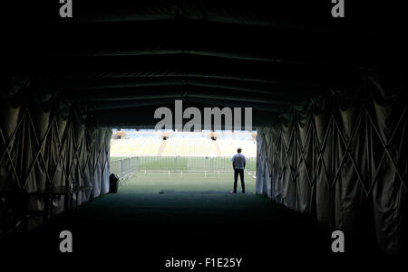 Man in silhouette, view down the players tunnel at the Maracana Stadium, Rio De Janeiro, Brazil Stock Photo