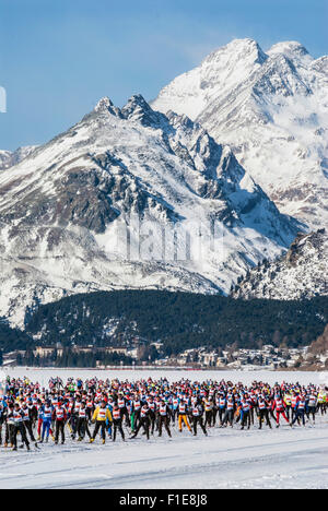 Cross-Country Skiier during Engadin Ski Marathon, Engadine, Switzerland Stock Photo