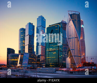 Illuminated Skyscrapers Buildings of Moscow City business complex at dusk, Moscow, Russia. Stock Photo