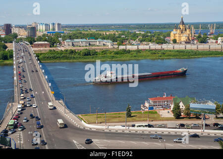 View of Nizhny Novgorod cityscape, Kanavinsky bridge over river. Russia Stock Photo